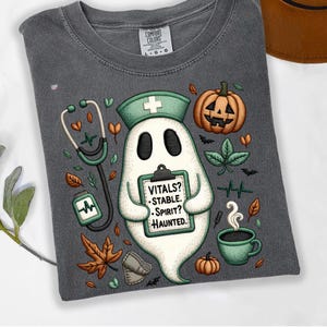 Vitals Stable Spirit Haunted Nurse Ghost PNG, Faux Embroidered Halloween RN Shirt Sublimation, Cozy Burnout Medical Fall Design