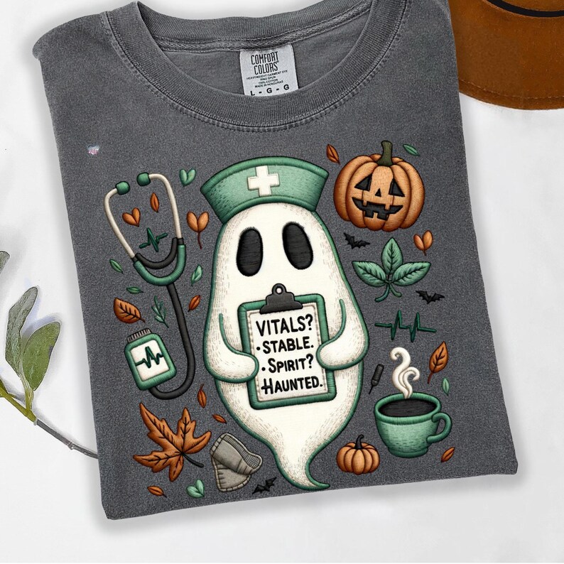 Vitals Stable Spirit Haunted Nurse Ghost PNG, Faux Embroidered Halloween RN Shirt Sublimation, Cozy Burnout Medical Fall Design