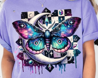 Celestial Luna Moth PNG with Crystals & Moon Grunge Checkerboard Gothic Mystical Witchy Clipart for Sublimation Shirts Tumblers