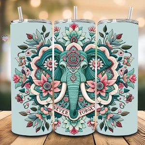 Embroidered Elephant 20 oz Skinny Tumbler Sublimation Design digital Download PNG Embroidery Elephant Tumbler Wrap never forget