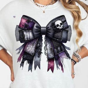 Cursed Gothic Patchwork Coquette Bow PNG, Grunge Halloween Ribbon Clipart, Spiderweb Skull Bow PNG for Shirts, Digital Download
