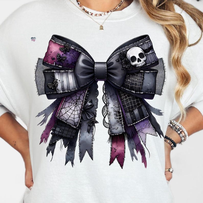 Cursed Gothic Patchwork Coquette Bow PNG, Grunge Halloween Ribbon Clipart, Spiderweb Skull Bow PNG for Shirts, Digital Download