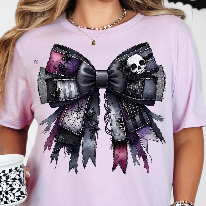 Cursed Gothic Patchwork Coquette Bow PNG, Grunge Halloween Ribbon Clipart, Spiderweb Skull Bow PNG for Shirts, Digital Download