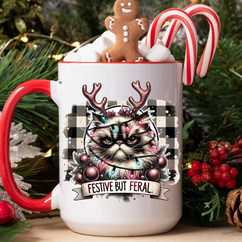 Festive but Feral Christmas Cat PNG Funny Grumpy cat Holiday Clipart Sarcastic Xmas Cat shirt ornament mug Design