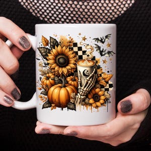Skeleton Coffee PNG Fall Halloween Clipart, Pumpkin Spice Latte Sublimation, Spooky Sunflowers Grunge Checkered Mug PNG Digital