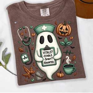 Vitals Stable Spirit Haunted Nurse Ghost PNG, Faux Embroidered Halloween RN Shirt Sublimation, Cozy Burnout Medical Fall Design