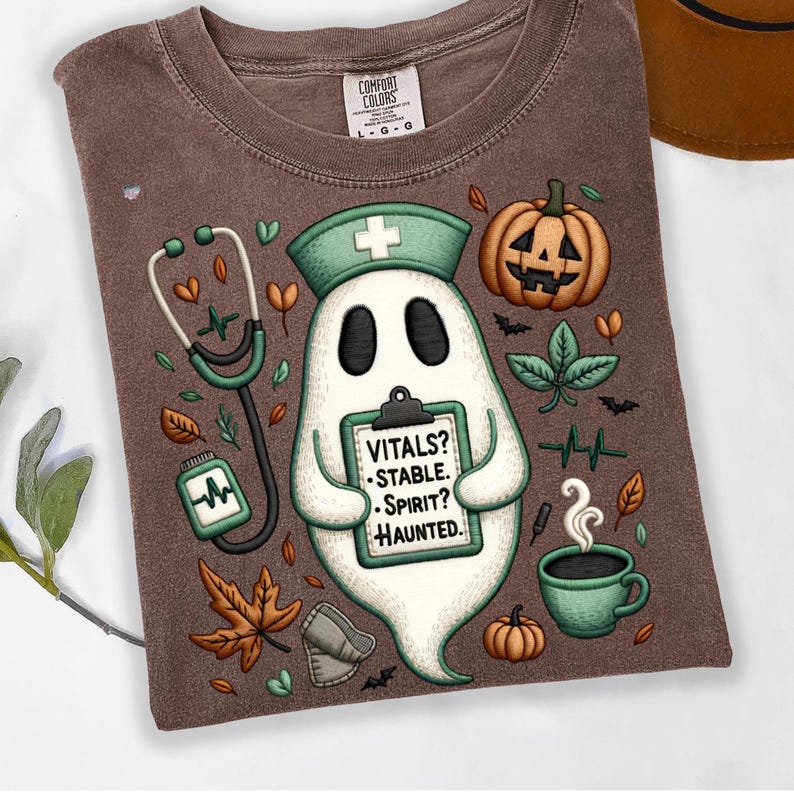 Vitals Stable Spirit Haunted Nurse Ghost PNG, Faux Embroidered Halloween RN Shirt Sublimation, Cozy Burnout Medical Fall Design