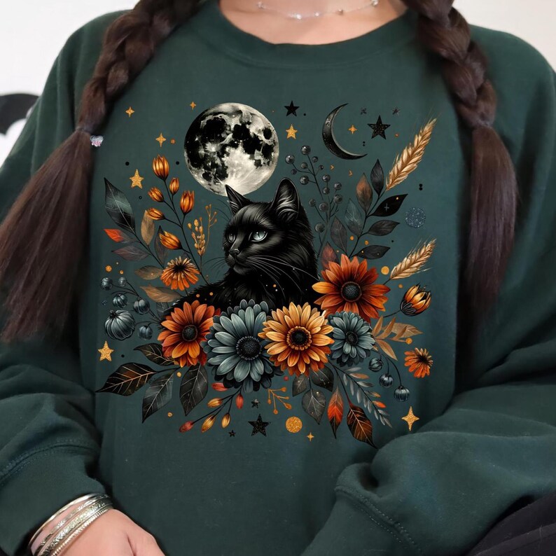 Celestial Black Cat PNG Clipart, Gothic Halloween Floral Cat Art, Autumn Full Moon Sunflowers Mystical Cat PNG Digital Download