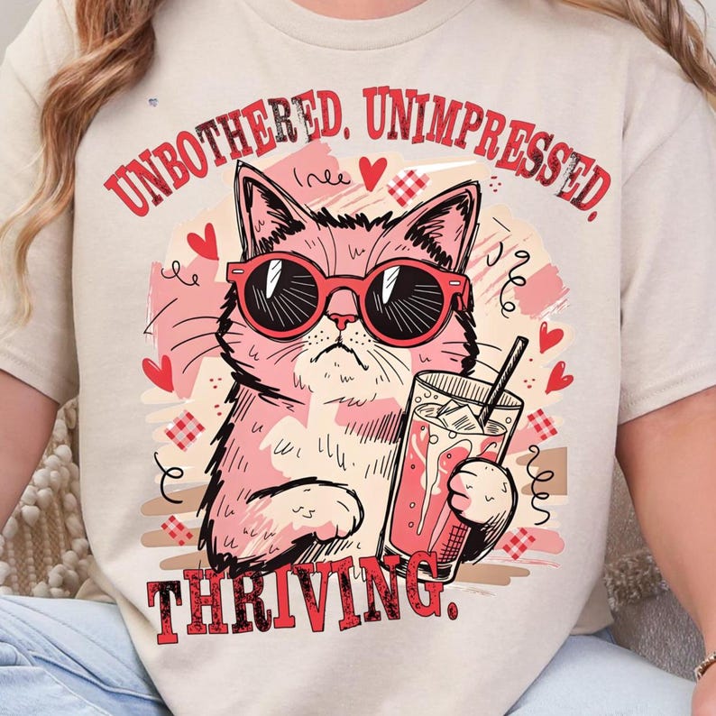 May include: Beige t-shirt featuring a pink cat wearing red sunglasses, holding a drink with ice. The shirt has the text "UNBOTHERED, UNIMPRESSED, THRIVING." surrounded by hearts and decorative elements.