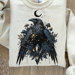 Celestial Raven PNG Dark Academia Gothic Art, Witchy Raven Shirt Design, Crystal Crow Clipart, Halloween Mystical Sublimation PNG