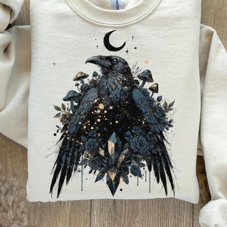 Celestial Raven PNG Dark Academia Gothic Art, Witchy Raven Shirt Design, Crystal Crow Clipart, Halloween Mystical Sublimation PNG