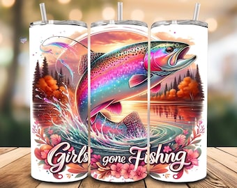 girls gone fishing 20oz skinny tumbler wrap PNG rainbow trout sublimation lake life tumbler floral jumping fish lover gift clipart digital
