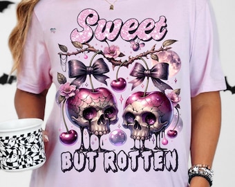 Sweet But Rotten PNG, Glitter Cherry Skull Halloween Shirt Design, Cute Spooky Clipart, Goth Pastel Horror, Kawaii Halloween PNG