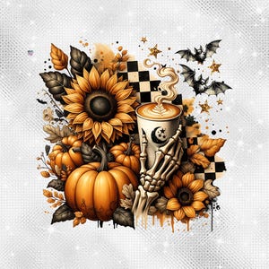 Skeleton Coffee PNG Fall Halloween Clipart, Pumpkin Spice Latte Sublimation, Spooky Sunflowers Grunge Checkered Mug PNG Digital