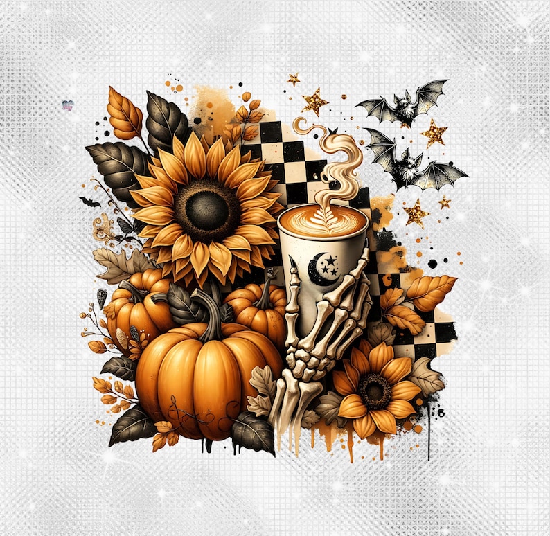 Skeleton Coffee PNG Fall Halloween Clipart, Pumpkin Spice Latte Sublimation, Spooky Sunflowers Grunge Checkered Mug PNG Digital