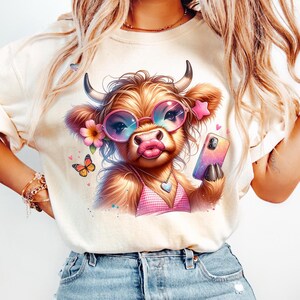 Summer Highland Cow PNG Hot Girl Summer Cow Clipart Selfie Cow in Gingham Bikini Digital Download for Sublimation