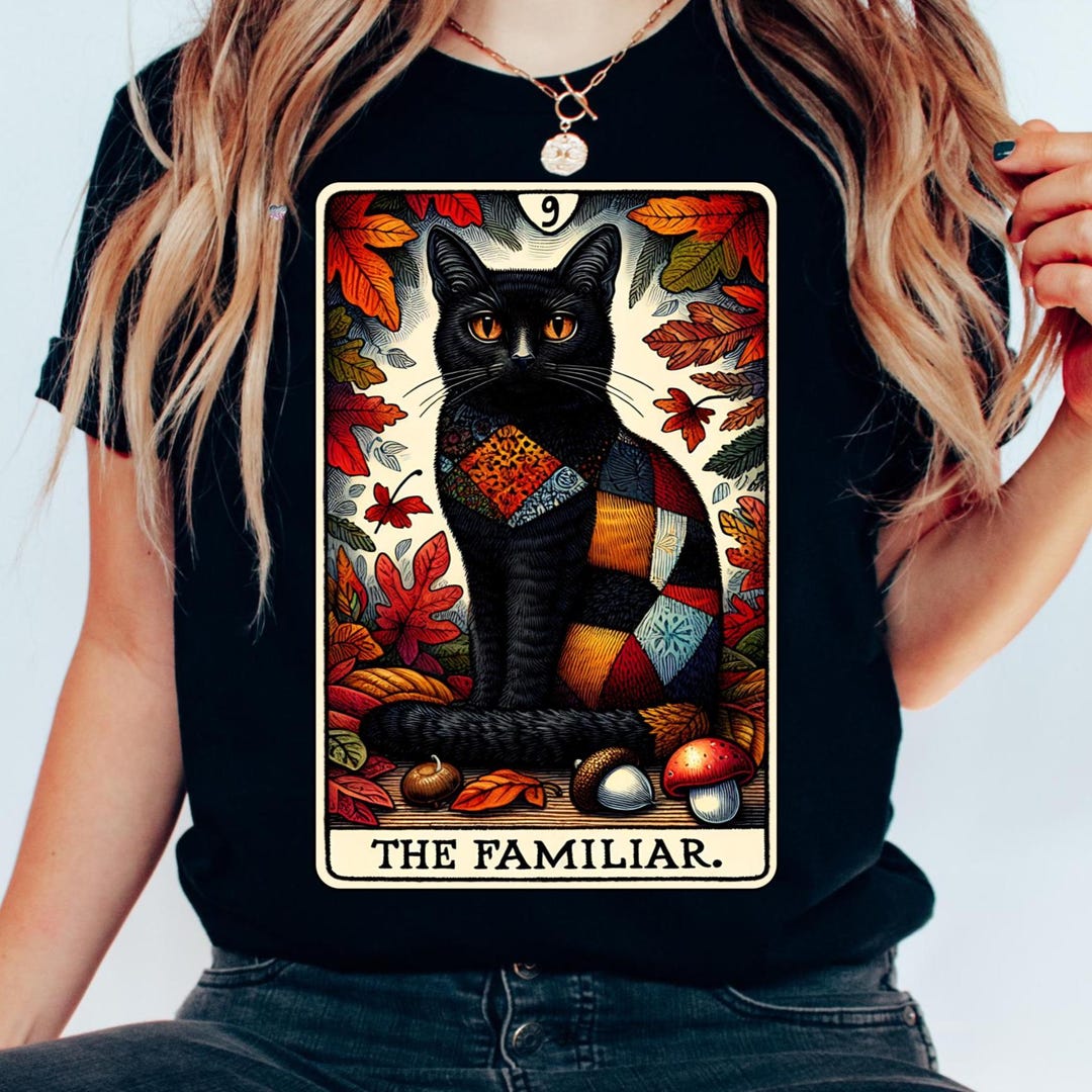 The Familiar Cat Tarot Card PNG Black Cat Patchwork Fall Halloween 