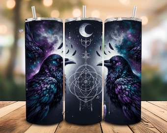 Cosmic Raven 20oz Skinny Tumbler Wrap PNG, Gothic Crow Sublimation Design, Celestial Bird Art, Mystic Dark Aesthetic Clipart