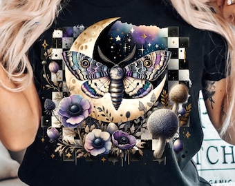 Celestial Gothic Moth PNG Clipart Grunge Halloween Luna Moth with Stars PNG Mushrooms Black Florals Vintage Crescent Moon PNG digital