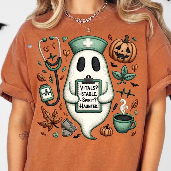 Vitals Stable Spirit Haunted Nurse Ghost PNG, Faux Embroidered Halloween RN Shirt Sublimation, Cozy Burnout Medical Fall Design