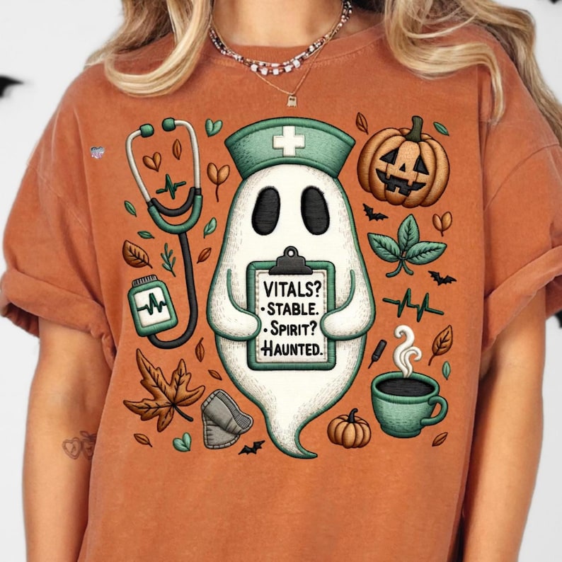 Vitals Stable Spirit Haunted Nurse Ghost PNG, Faux Embroidered Halloween RN Shirt Sublimation, Cozy Burnout Medical Fall Design