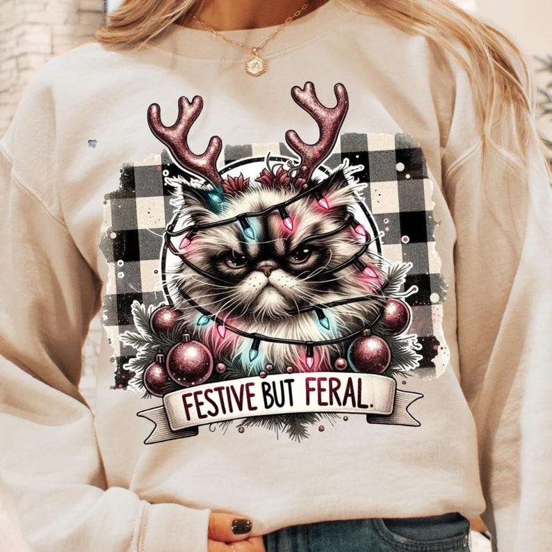 Festive but Feral Christmas Cat PNG Funny Grumpy cat Holiday Clipart Sarcastic Xmas Cat shirt ornament mug Design