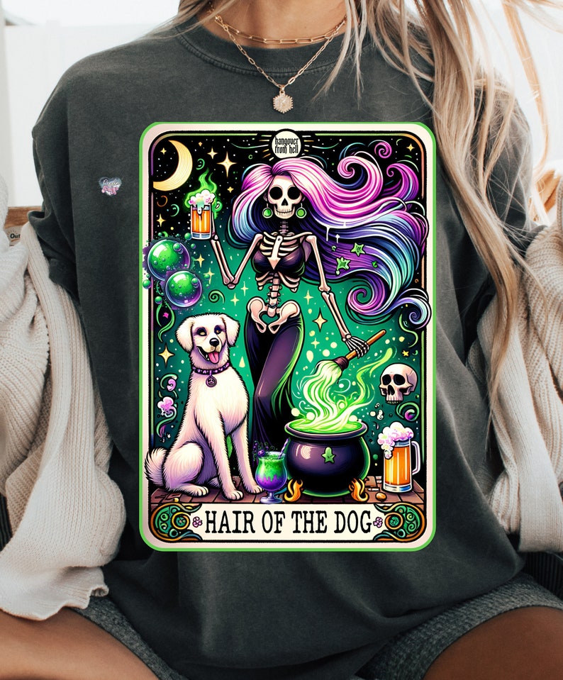 funny tarot card witchy png dog mum Halloween drinking shirt png sarcastic skeleton witch tarot dog lover png hair of the dog beer digital image 5