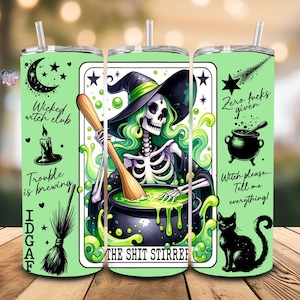 Cartas de tarô de bruxa sarcástica, copo fino de 20 onças, copo estético de bruxa, esqueleto, horror, sublimação, PNG, copo digital de Halloween