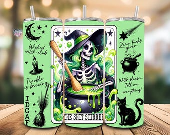 Sarcastic witch tarot cards 20oz skinny tumbler wrap witchy aesthetic tumbler skeleton horror sublimation PNG Halloween tumbler digital