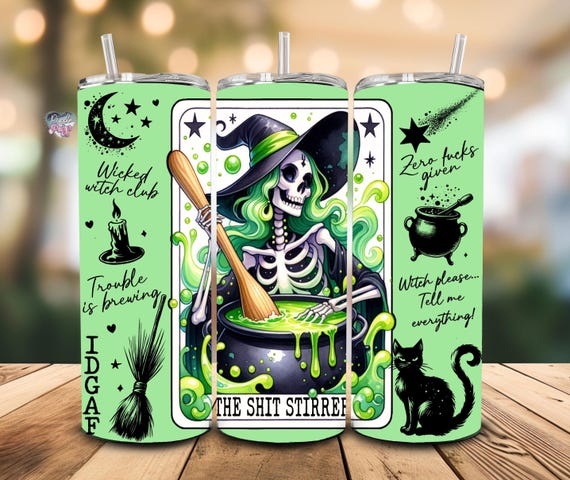 Sarcastic witch tarot cards 20oz skinny tumbler wrap witchy aesthetic tumbler skeleton horror sublimation PNG Halloween tumbler digital