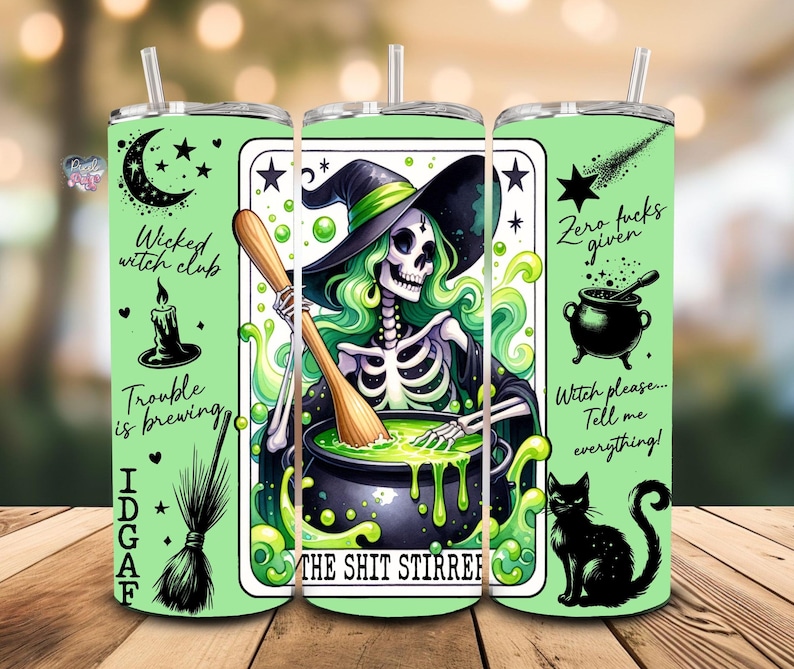 Sarcastic witch tarot cards 20oz skinny tumbler wrap witchy aesthetic tumbler skeleton horror sublimation PNG Halloween tumbler digital