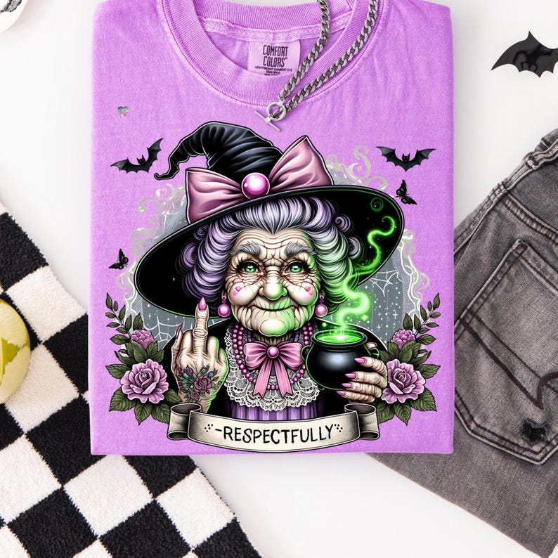 Respectfully Witch Grandma PNG Clipart, Sassy Green Witch Middle Finger Teacup Cauldron Halloween Shirt Sublimation Digital Download