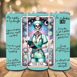 Envoltura para vaso CNA, diseño PNG de esqueleto de carta de tarot con afirmaciones positivas, sublimación delgada de 20 oz para enfermeras y cuidadores.