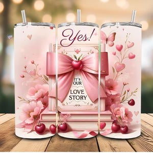 Alla hjärtans dag körsbärskoquett 20oz smal tumbler wrap rosa rosett png kärlekshistoria böcker PNG sublimering romantiska röda körsbär Clipart digital