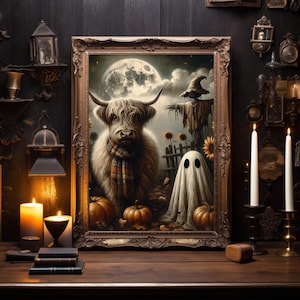 May include: A framed Halloween artwork depicting a Highland cow in a scarf, a scarecrow, and a ghost. Pumpkins and sunflowers are in the foreground, with a full moon in the background. The artwork is on a wooden surface with candles.