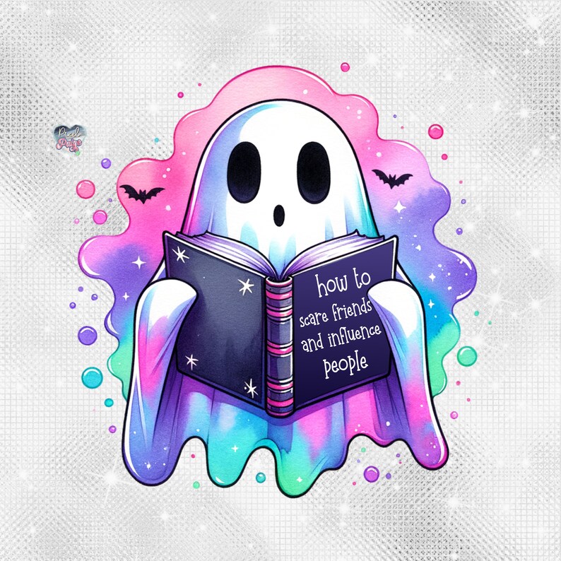 May include: A cartoon ghost in a pink, blue, and purple cloud is reading a book titled "How to scare friends and influence people".