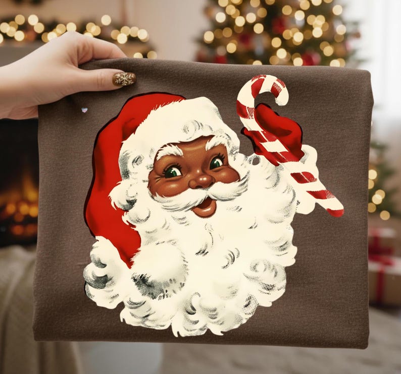 May include: A brown fabric item featuring a vintage illustration of Santa Claus with a red hat and a white beard, holding a red and white candy cane. The Santa has a smiling expression and is set against a brown background. Christmas themed.