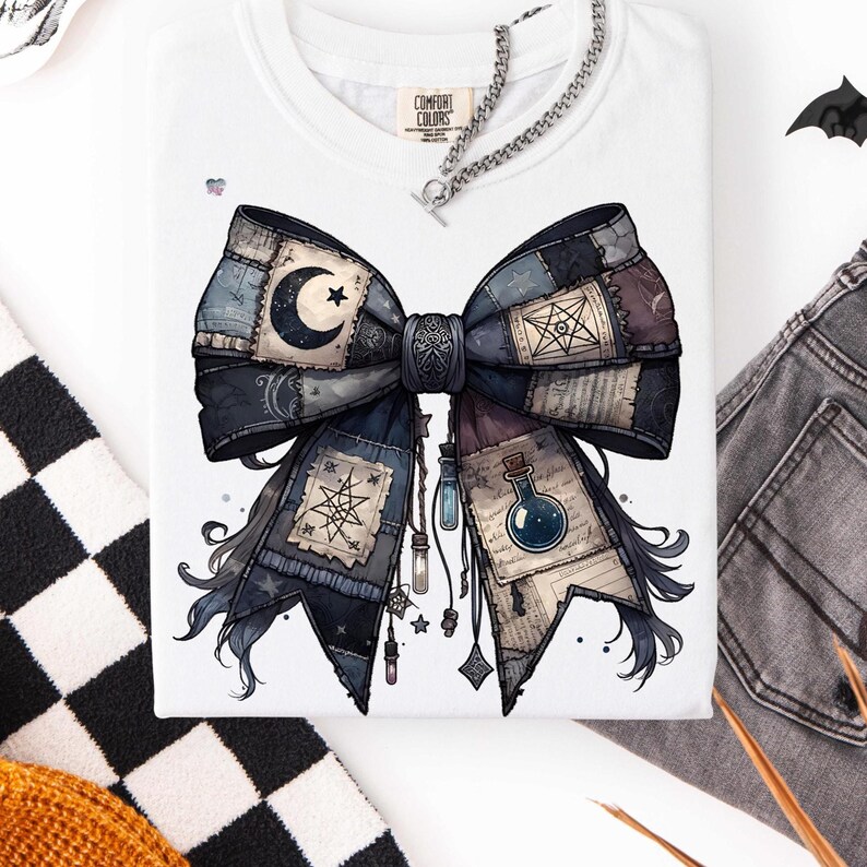 Potion Spell Patchwork Bow PNG Gothic Witchy Halloween Shirt Design Vintage Grunge Witch Bow Clipart Spooky Dark Academia Sublimation
