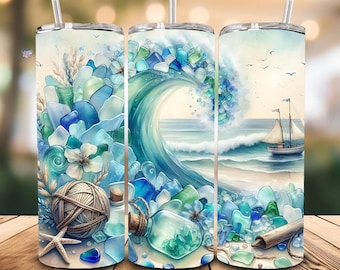 Zeeglaskunst Oceaan 20 0z skinny Tumbler Wrap PNG Beach Esthetic Sublimation, Coastal Nautical Tumbler Design Digital