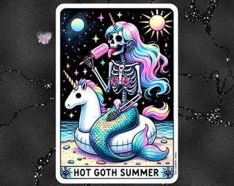 Verano gótico caliente PNG, divertido esqueleto de sirena del tarot, diseño de sublimación de esqueleto descarado, vacaciones de verano PNG, gótico pastel de moda