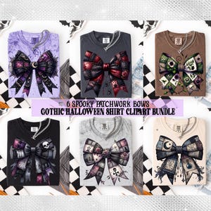 Spooky Patchwork Bow PNG Bundle Gothic Halloween Shirt Clipart Set Vintage Witchy Bows Dark Academia Grunge Halloween Sublimation