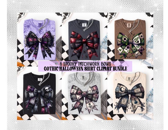 Spooky Patchwork Bow PNG Bundle Gothic Halloween Shirt Clipart Set Vintage Witchy Bows Dark Academia Grunge Halloween Sublimation