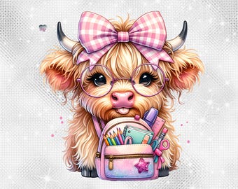 Highland Cow Back to School PNG Gingham Bow Cow Clipart Cute Fluffy Cow con zaino Design digitale