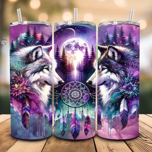 May include: Three stainless steel tumblers with a purple, blue, and green watercolor design featuring two wolves, a dreamcatcher, and feathers.