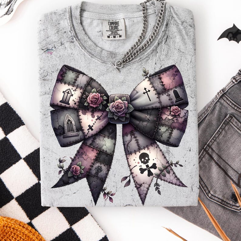 Spooky Patchwork Bow PNG Bundle Gothic Halloween Shirt Clipart Set Vintage Witchy Bows Dark Academia Grunge Halloween Sublimation