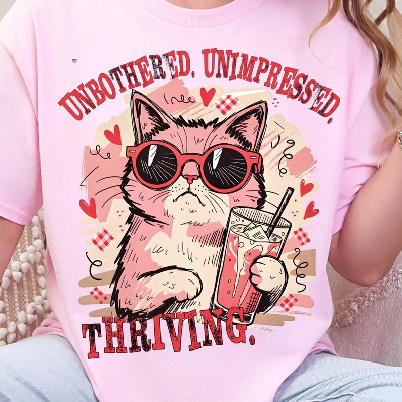May include: Pink t-shirt featuring a cat wearing red sunglasses and holding a drink with a straw. The shirt has the words "UNBOTHERED, UNIMPRESSED, THRIVING" in red. The cat illustration is surrounded by hearts and decorative elements.