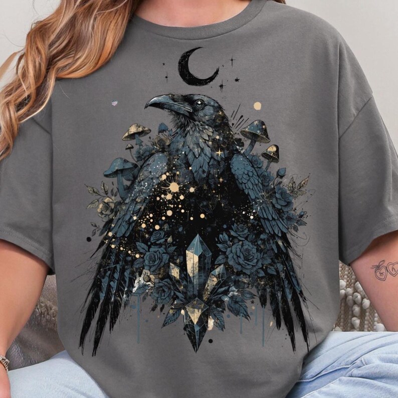 Celestial Raven PNG Dark Academia Gothic Art, Witchy Raven Shirt Design, Crystal Crow Clipart, Halloween Mystical Sublimation PNG