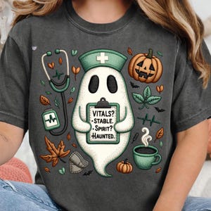Vitals Stable Spirit Haunted Nurse Ghost PNG, Faux Embroidered Halloween RN Shirt Sublimation, Cozy Burnout Medical Fall Design