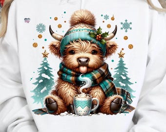 schattige hooglandkoe png groene kerstbomen clipart warme chocolademelk ontwerp gezellige winter pluizige koe kerstmis vakantie hoogland coo png sneeuwvlokken digitaal
