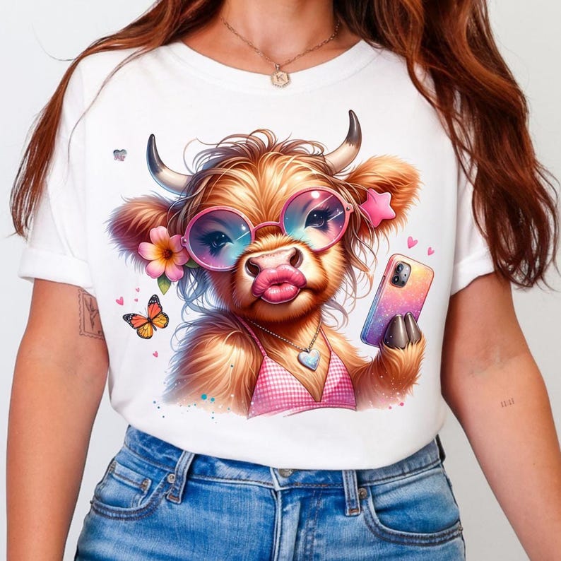Summer Highland Cow PNG Hot Girl Summer Cow Clipart Selfie Cow in Gingham Bikini Digital Download for Sublimation